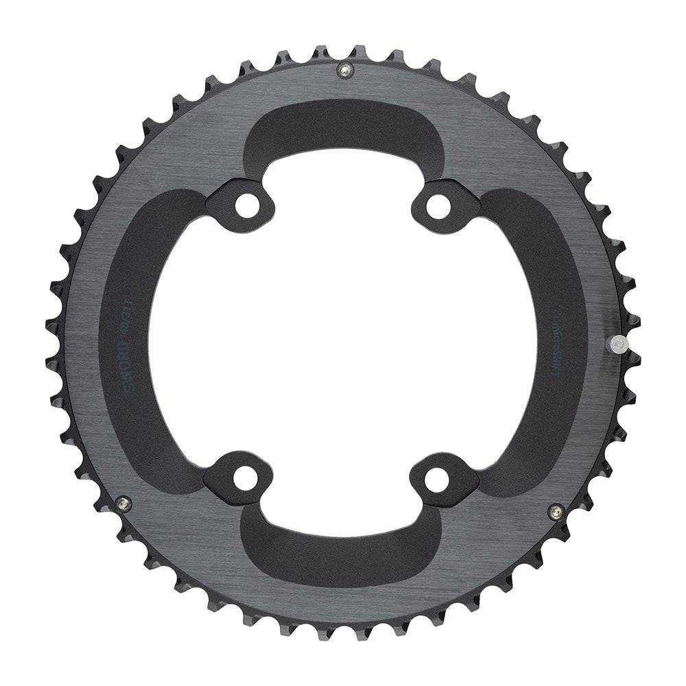 MicroSHIFT Sword 110 BCD road bike chainrings for smooth shifting, showing close-up of black aluminum components with teeth detail.