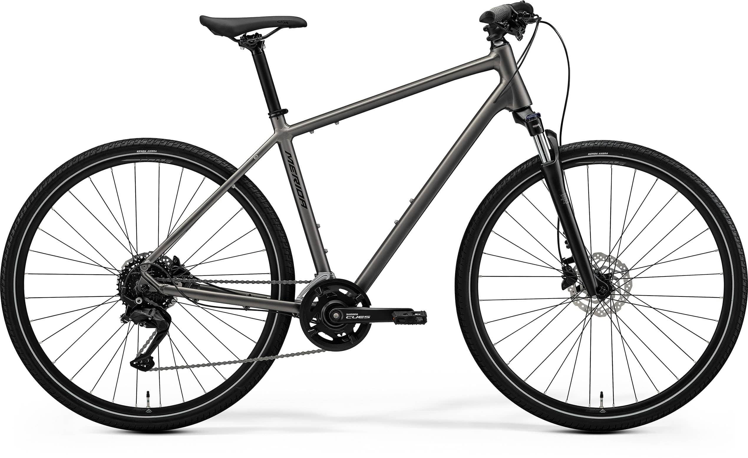 Merida Crossway 100 hybrid bike with 700c wheels, Shimano CUES drivetrain, gray and black frame, ready for versatile riding.