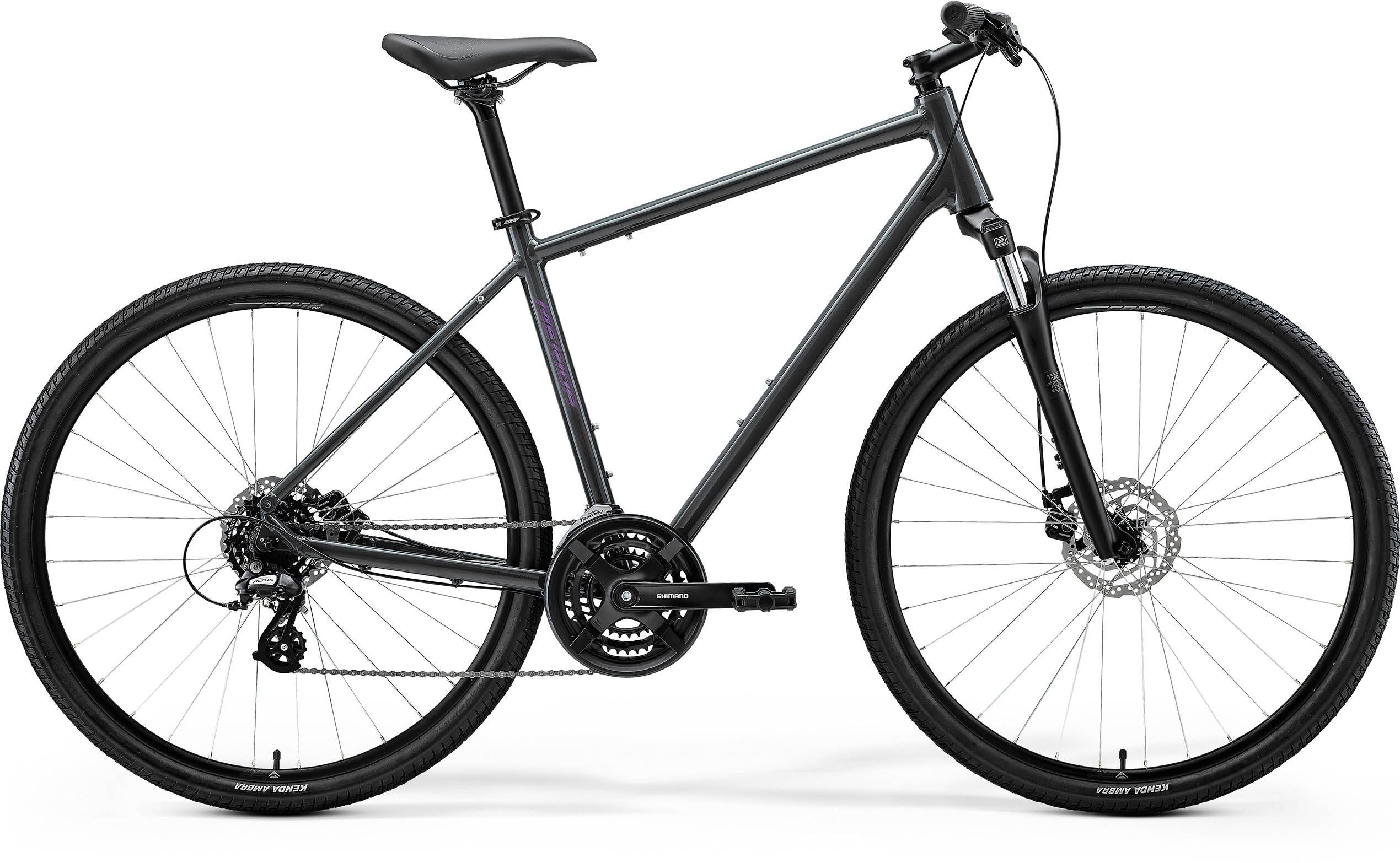 Gray Merida Crossway 10 hybrid bike with Shimano 7-speed gears and disc brakes, featuring a lightweight frame and ergonomic design.