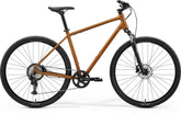 Merida Crossway 20 hybrid bike with 700c wheels, black and yellow frame, designed for urban fitness and commuting.