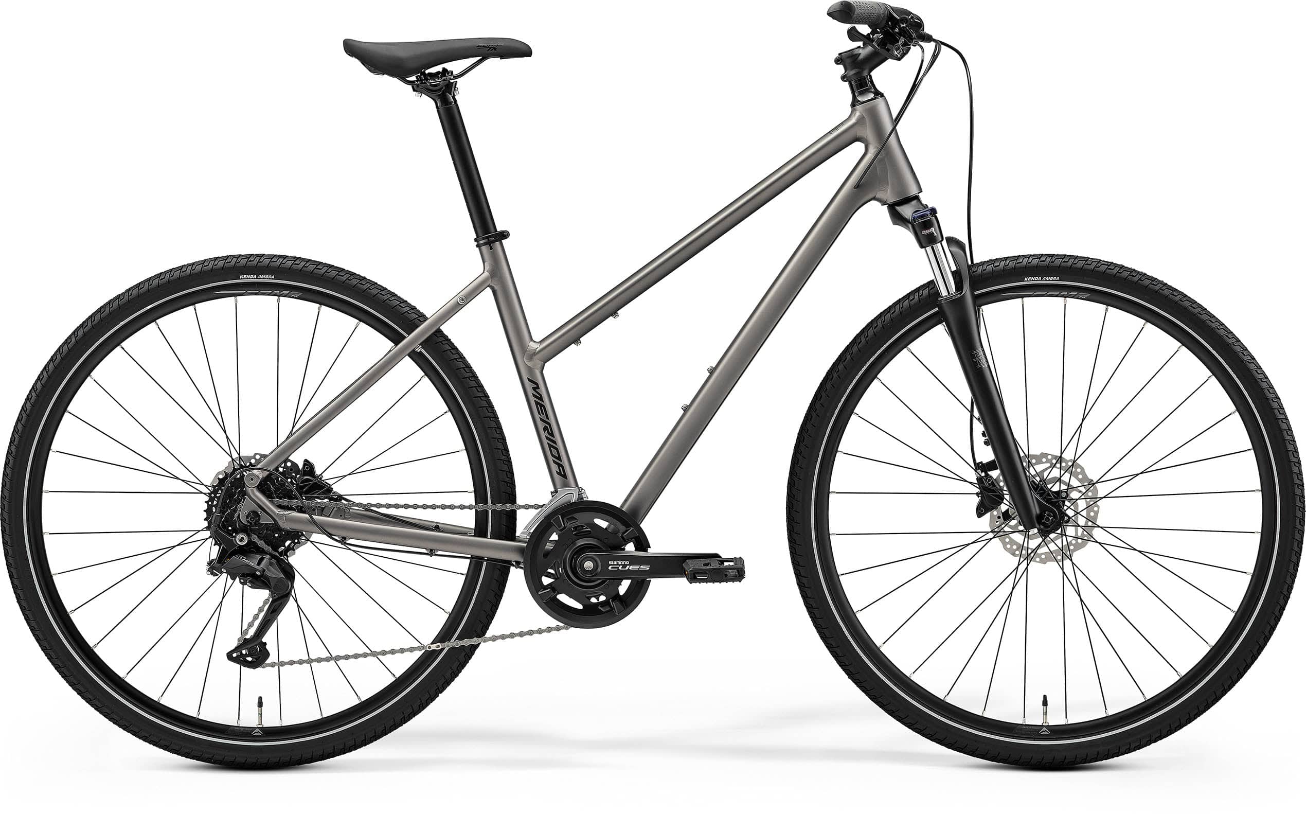 Merida Crossway 100 Women's hybrid bike with Shimano CUES U3020 SGS components and disc brakes, in gray and black.