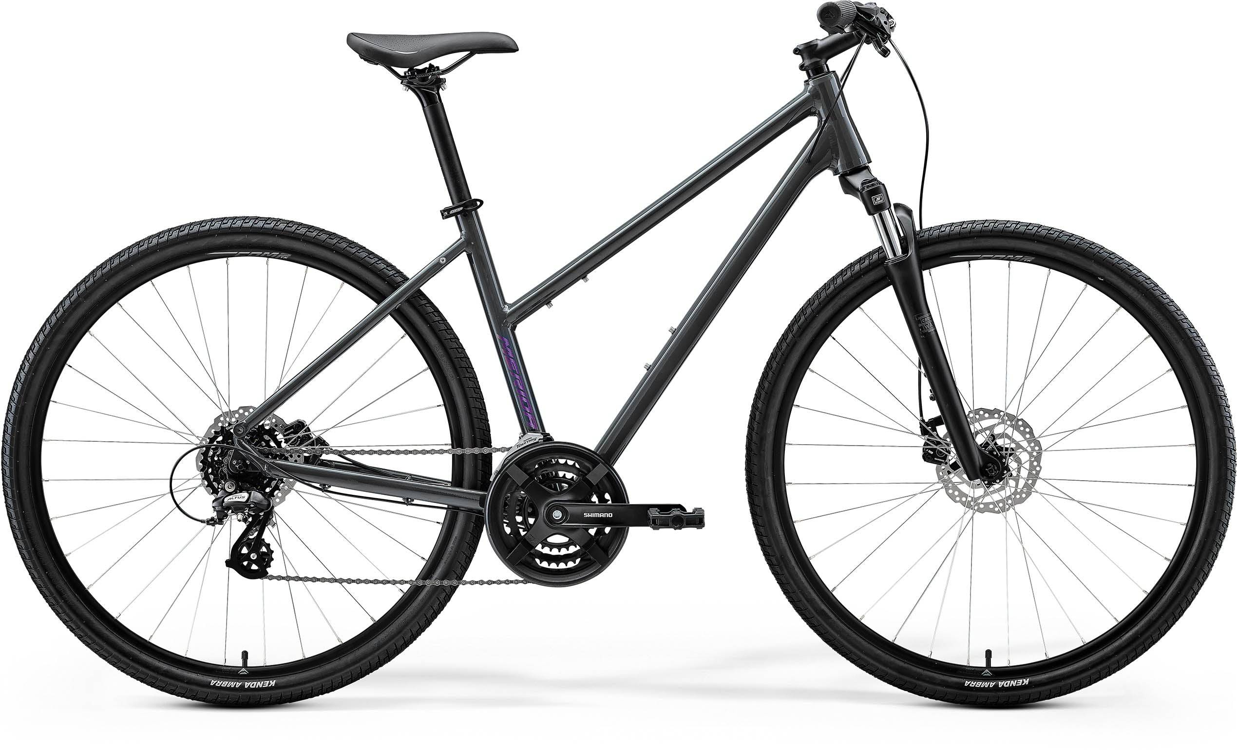 Gray Merida Crossway 10 women's hybrid bike with Shimano 7-speed gears and disc brakes, featuring a lightweight frame.