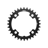 SunRace CRMX04 narrow-wide 104 BCD MTB chainring for drivetrain upgrade, showing the black bicycle chainring with teeth detail.