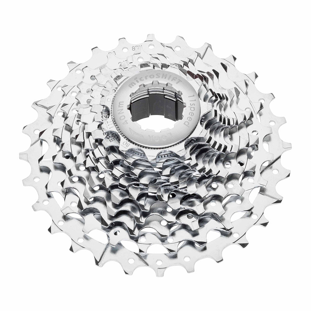MicroSHIFT G-Series 11-speed road bike cassette with aluminum spider carrier, showing the lightweight, durable components.