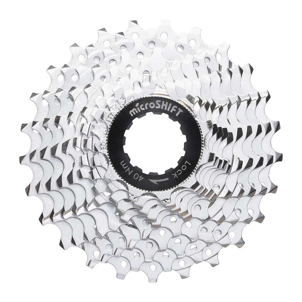 MicroSHIFT H-Series 10-speed steel cassette for HG hubs, showcasing durable construction and precise shifting on a bicycle component.