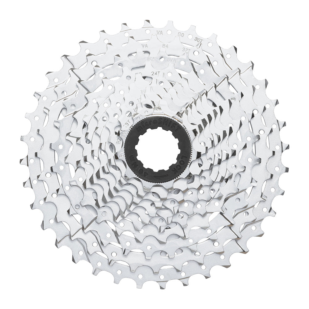 MicroSHIFT H-Series 10-speed steel cassette for HG hub bodies, showing durable, precise shifting components.