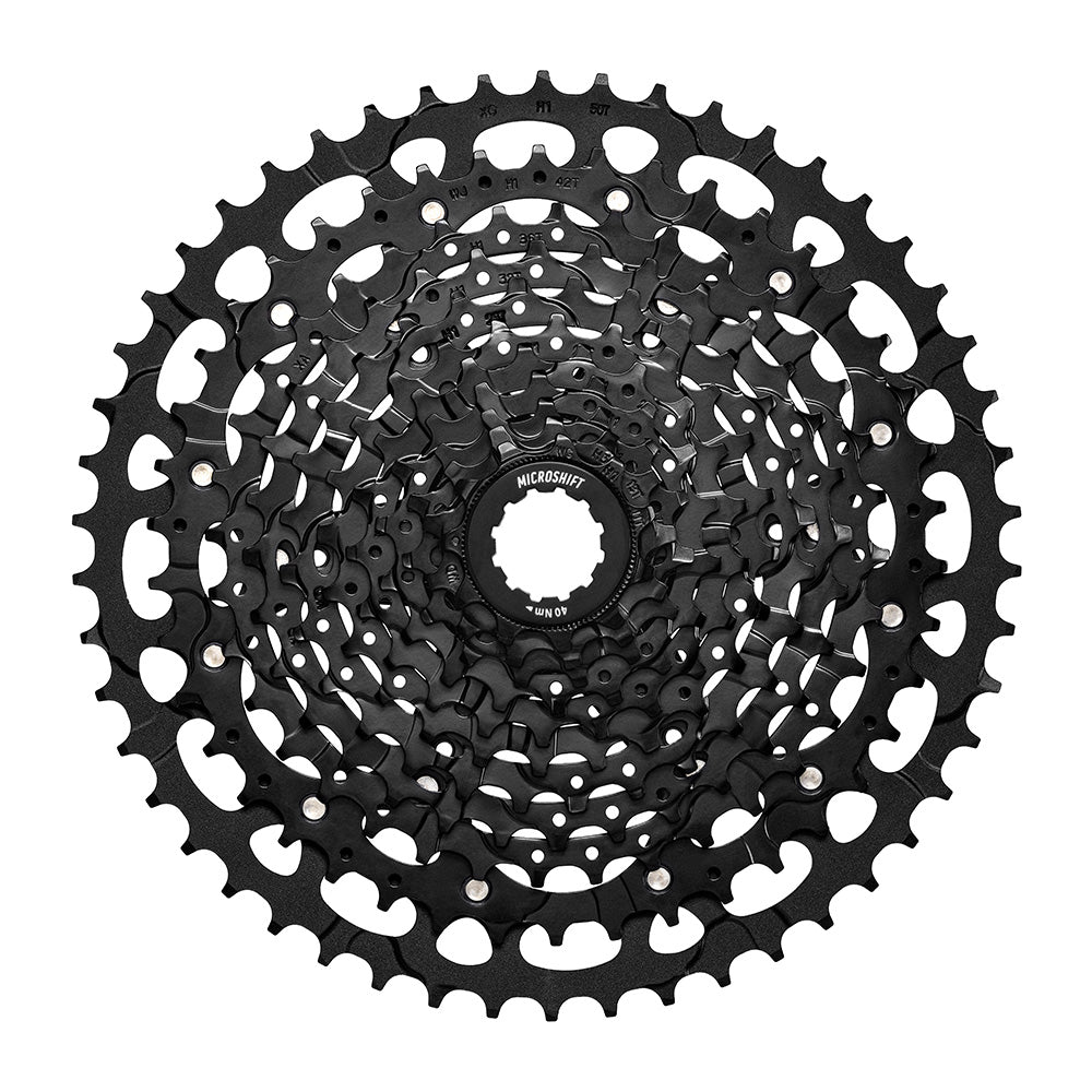 MicroSHIFT Advent MX H114 11-speed cassette with SpeedRamp technology and replaceable cogs, shown close-up of the component.