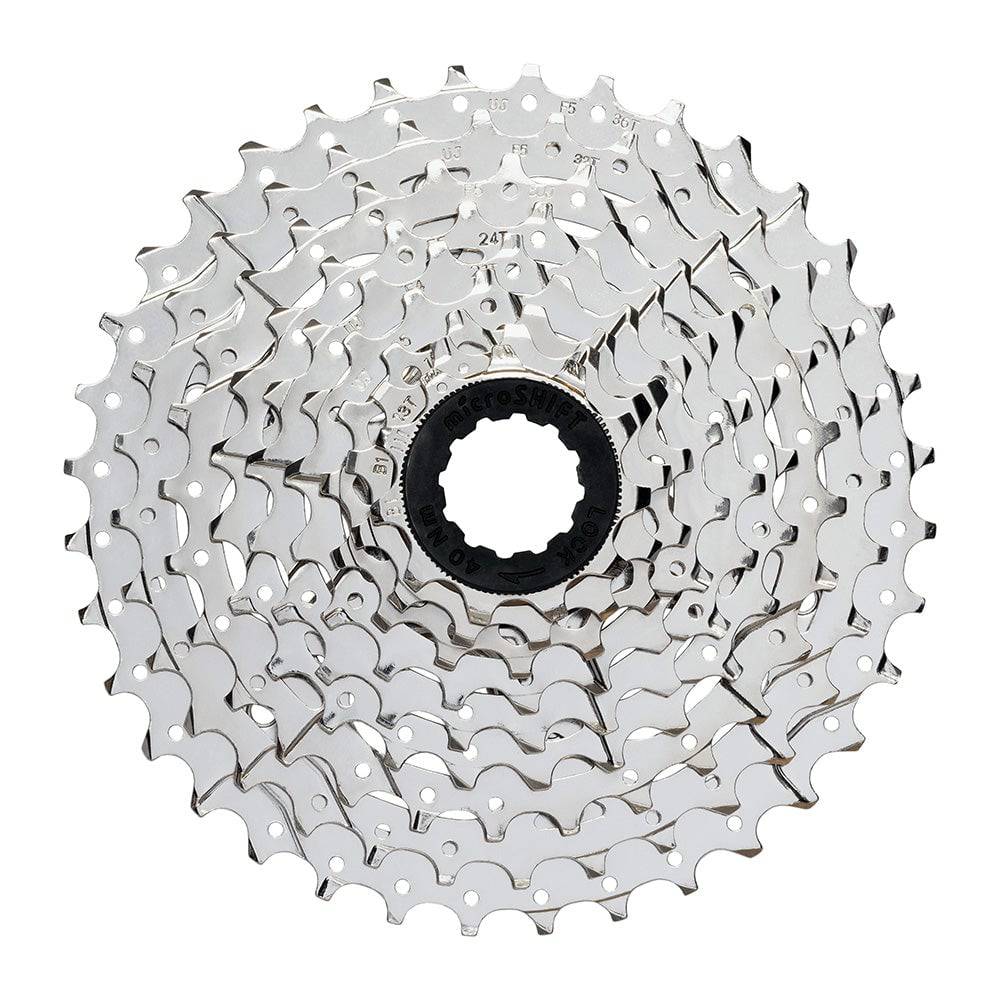 MicroSHIFT H092 H-Series 9-speed cassette for HG hub bodies, showing durable bike components with silver sprockets.