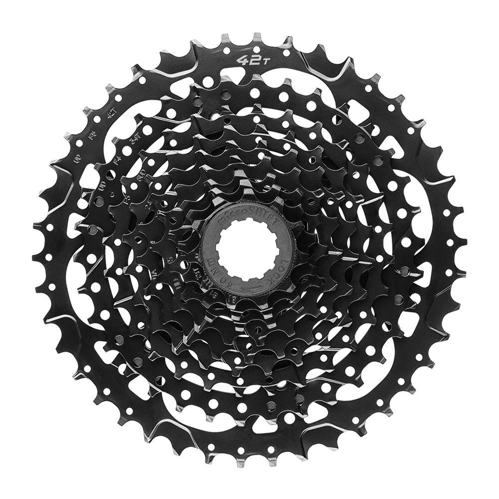 MicroSHIFT ADVENT H-Series 9-speed mountain and e-bike cassette, showing metallic cogs and gear teeth.