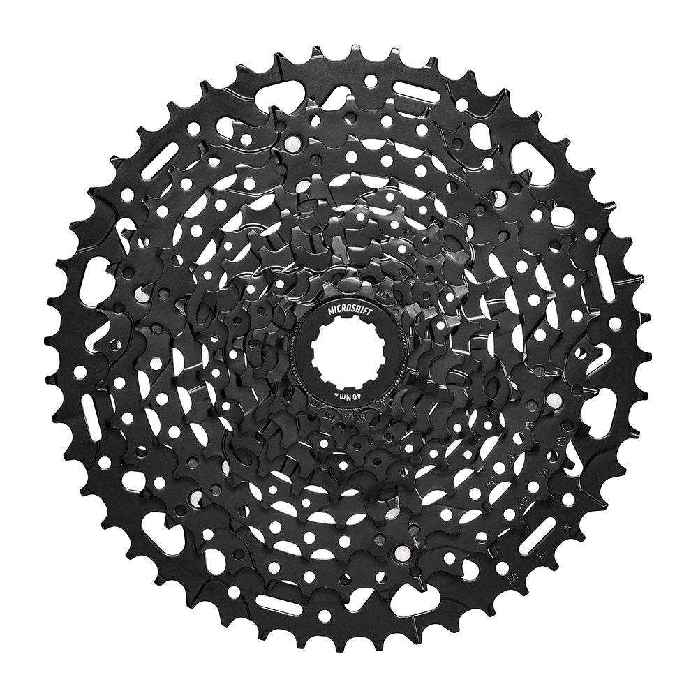 MicroSHIFT ADVENT X H-Series 10-speed cassette with 11-48t gear range for bike freehub, showing the metal sprockets and gear teeth.
