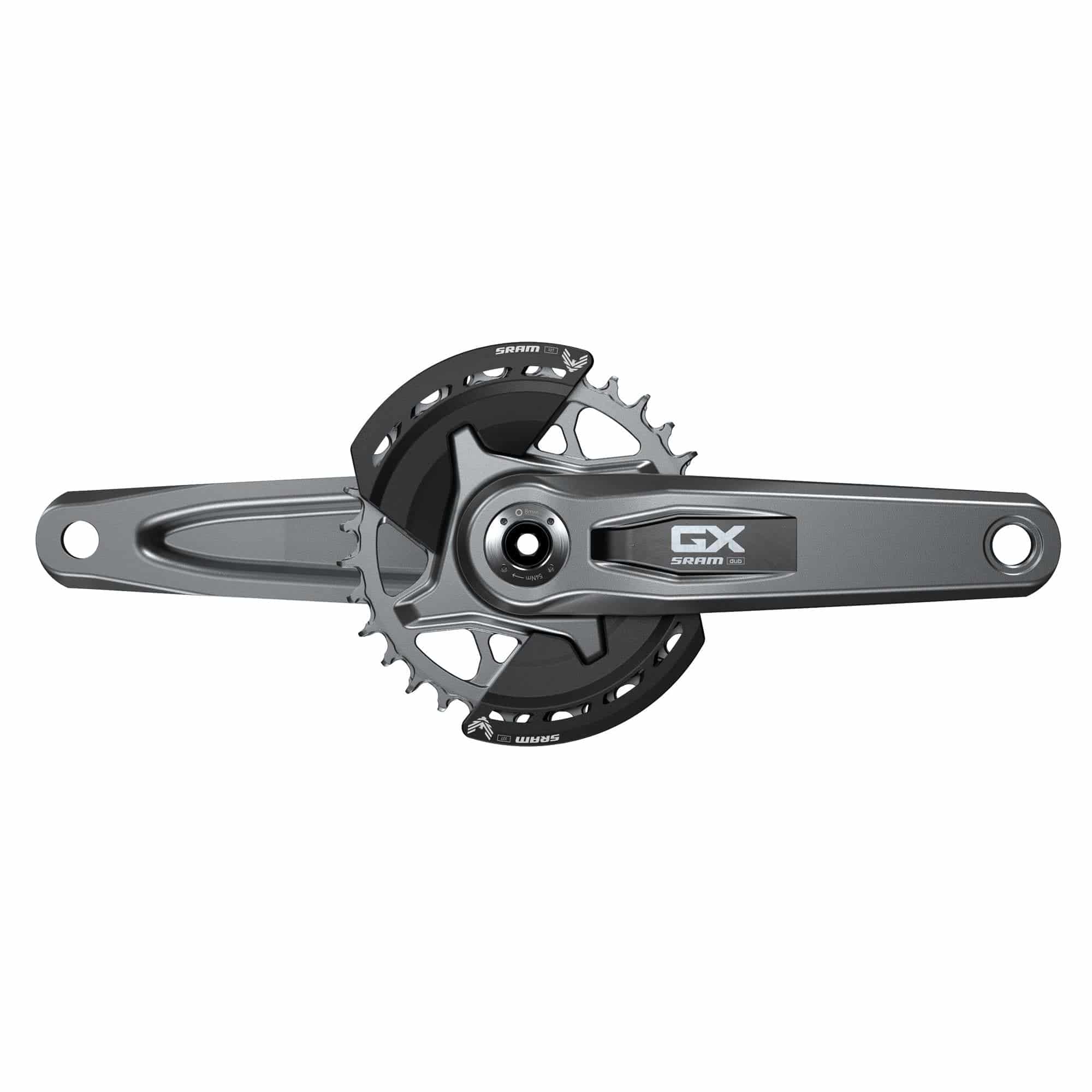 SRAM GX Eagle MTB crankset with 32T chainring, DUB Wide spindle, Q174 55mm chainline, and dual chain guards for mountain biking