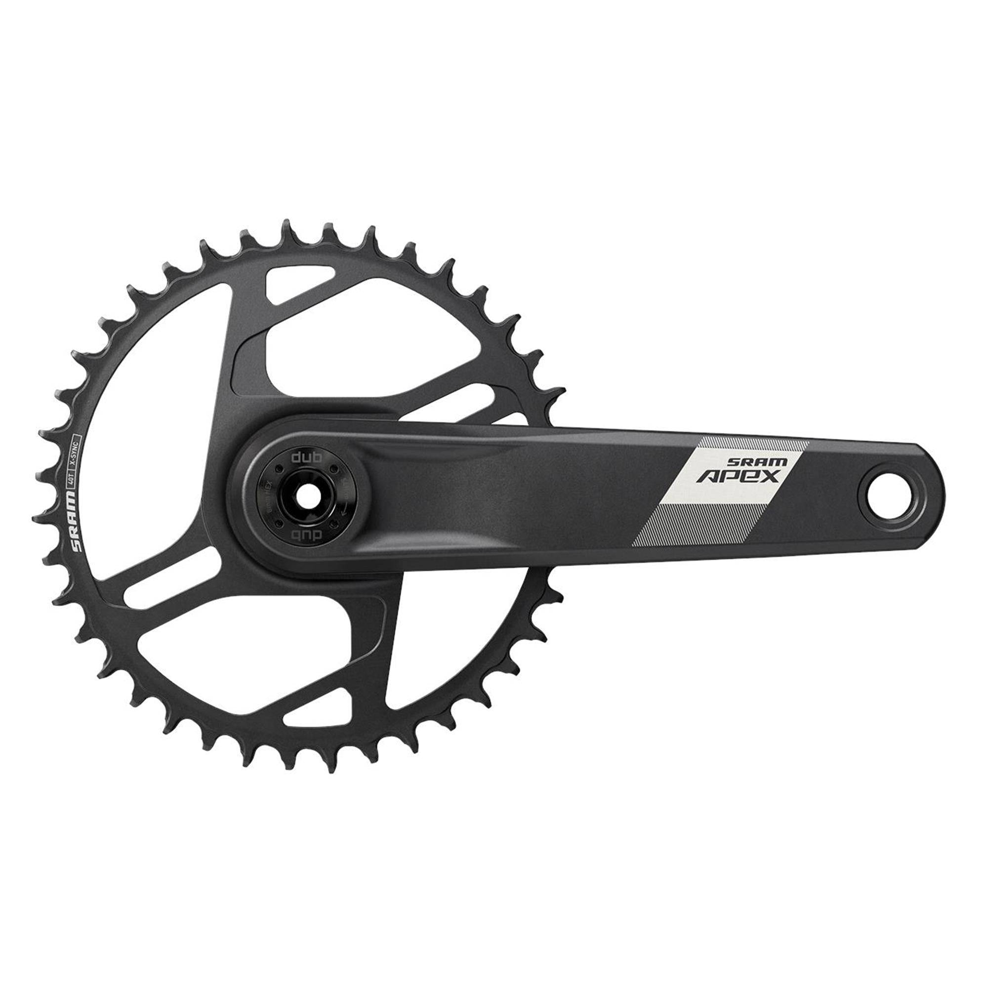 SRAM Apex 1X Wide D1 DUB direct mount gravel and MTB crankset with 40T chainring, black finish, installed on mountain bike.