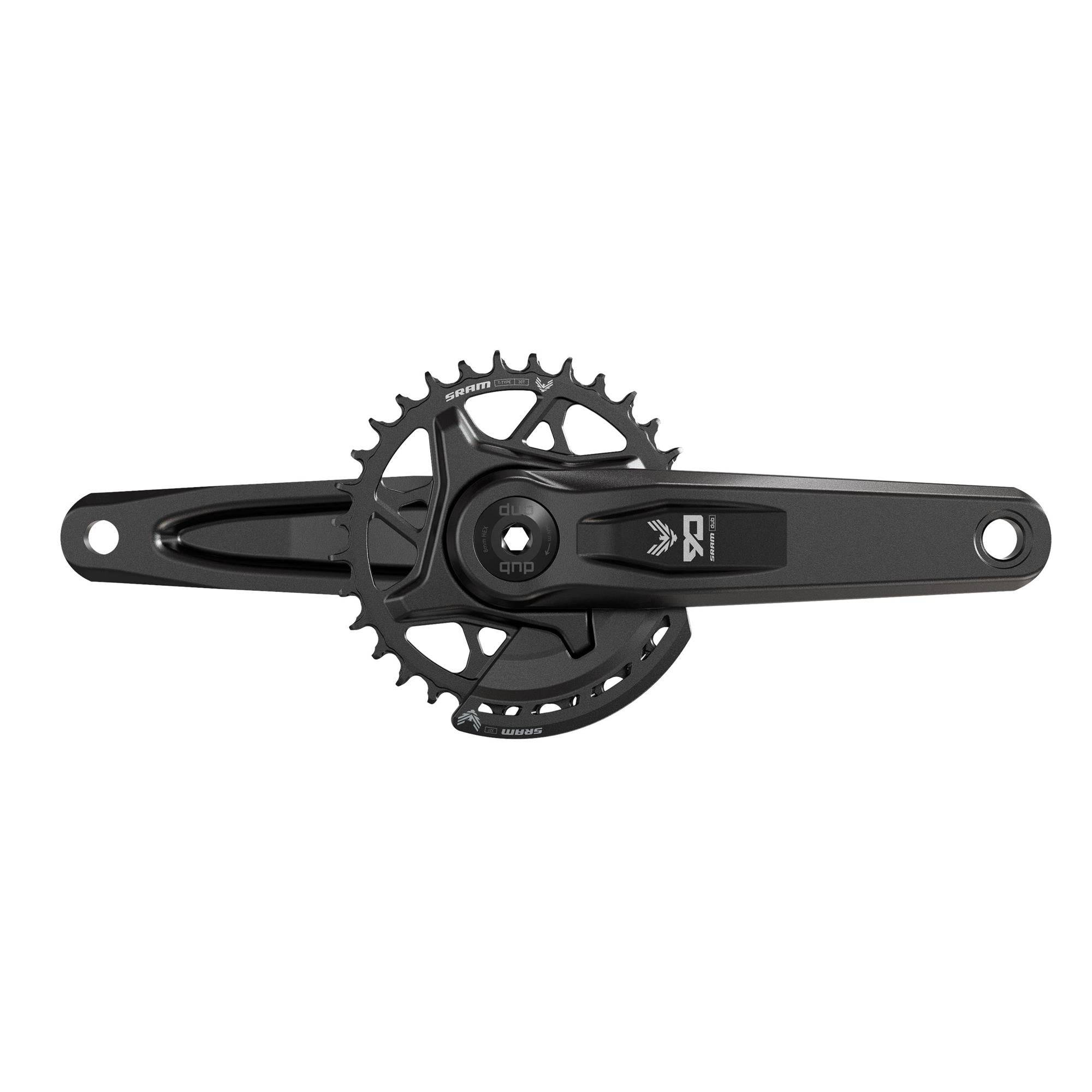 SRAM Eagle 90 MTB crankset with 32T steel chainring, 12-speed wide DUB bottom bracket, black with two chain guards, for mountain bikes.
