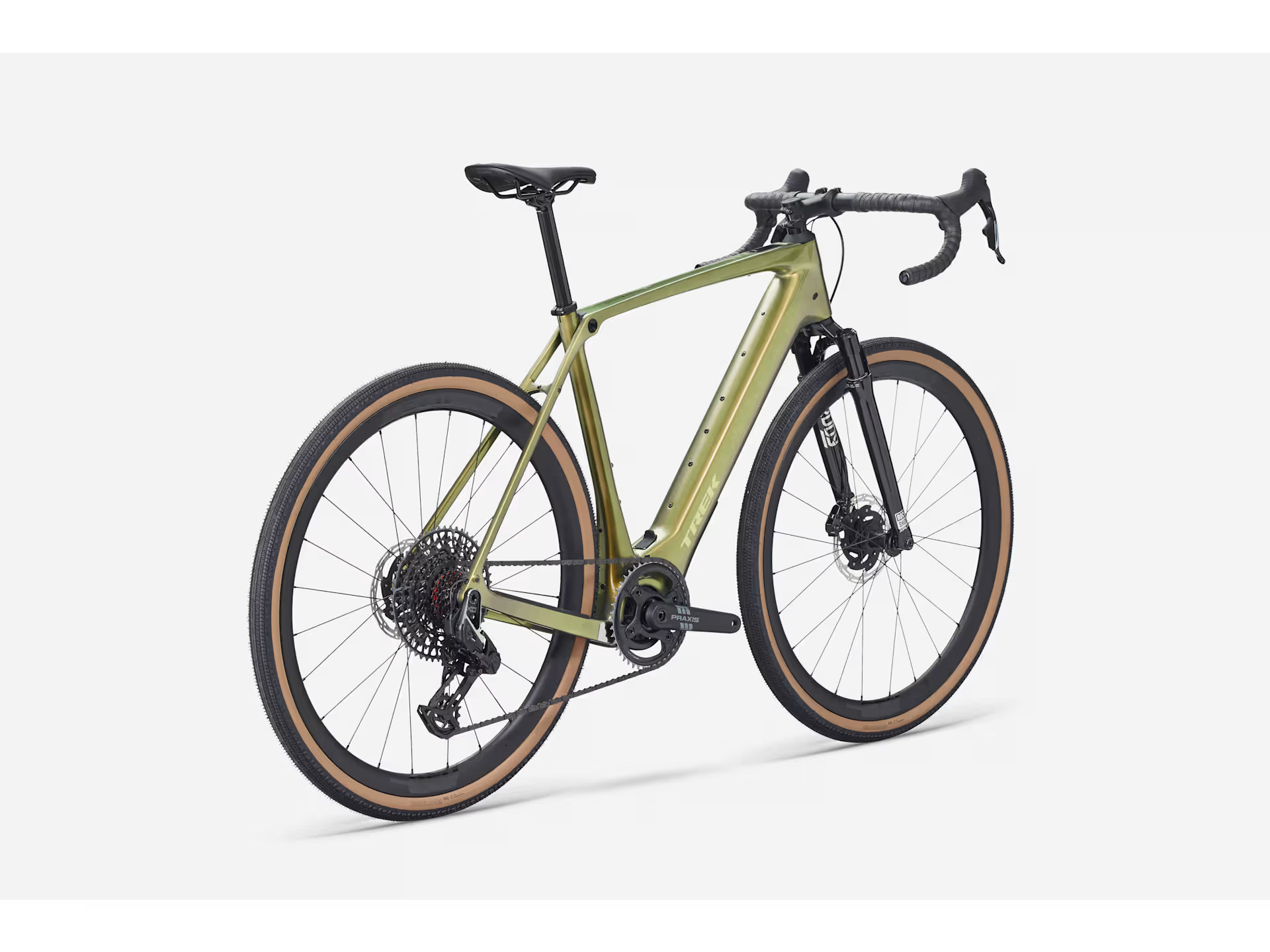 Trek Checkpoint+ SL 7 AXS electric gravel bike with SRAM Force wireless drivetrain, black frame and knobby tires.