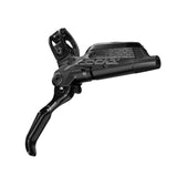 SRAM Diffusion Black Reach B1 hydraulic mountain bike brake components with rotor and bracket, mounted on bike frame.