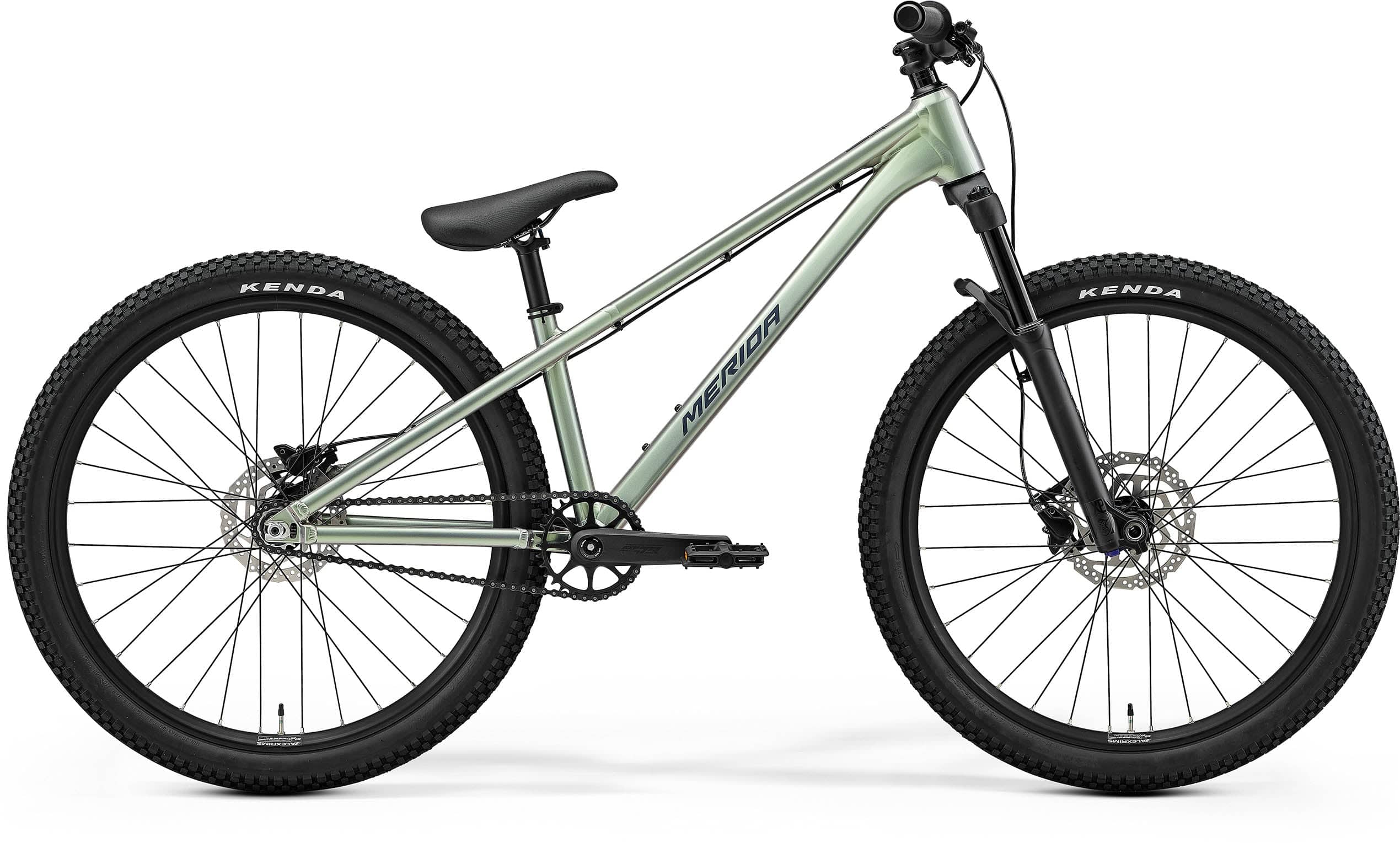 Green Merida Dirt 700 MY26 kids' dirt jump bike with RockShox Pike DJ fork and SRAM brakes, front view showing bike frame and suspension.
