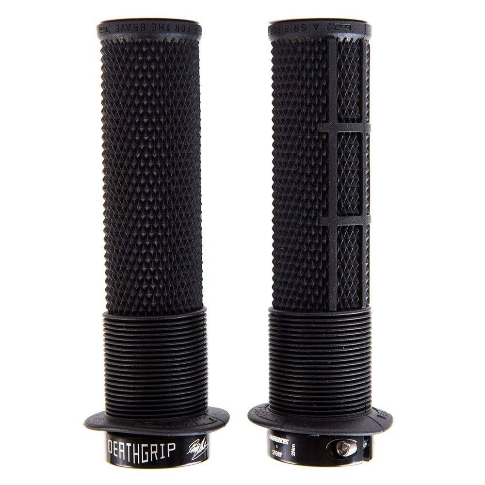 Black DMR Bikes Brendog Deathgrip Flange mountain bike handlebar grips with thick rubber for enhanced grip and control.