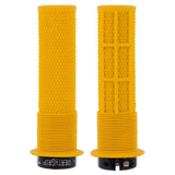 Yellow DMR Bikes Brendog Deathgrip flange mountain bike handlebar grips with thick, textured rubber for secure grip and comfort.