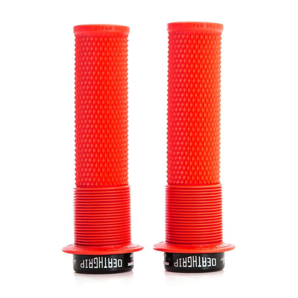 Red DMR Bikes Brendog Deathgrip flange mountain bike handlebar grips with thick, textured design for secure grip and control.