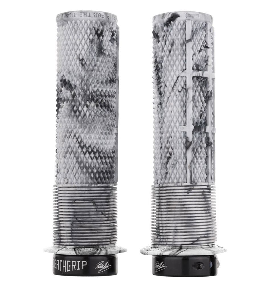 DMR Bikes Brendog Deathgrip Flange mountain bike handlebar grips in thick snow camo, designed for secure grip and control.