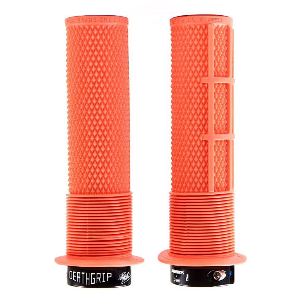 DMR Bikes Brendog Deathgrip Flange mountain bike handlebar grips with thick design and vibrant tango color on components