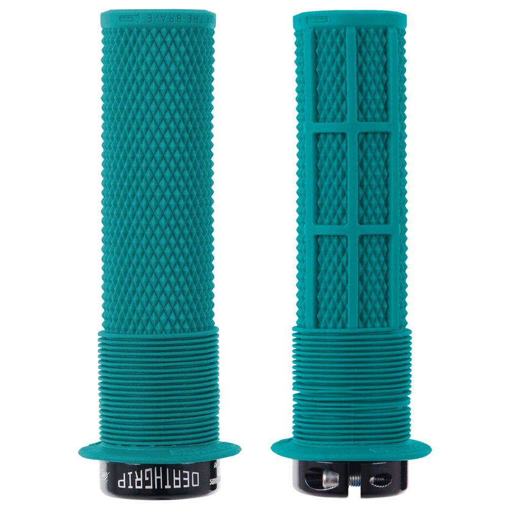 DMR Brendog Deathgrip flange mountain bike handlebar grips in turquoise with thick, textured design for enhanced grip and control.