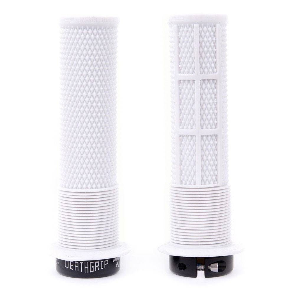 White DMR Bikes Brendog Deathgrip flange mountain bike handlebar grips with thick rubber for enhanced grip and control.