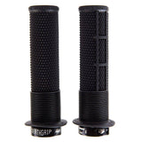 Black DMR Brendog Deathgrip Flange mountain bike handlebar grips with a slim design and flange for enhanced grip and control.