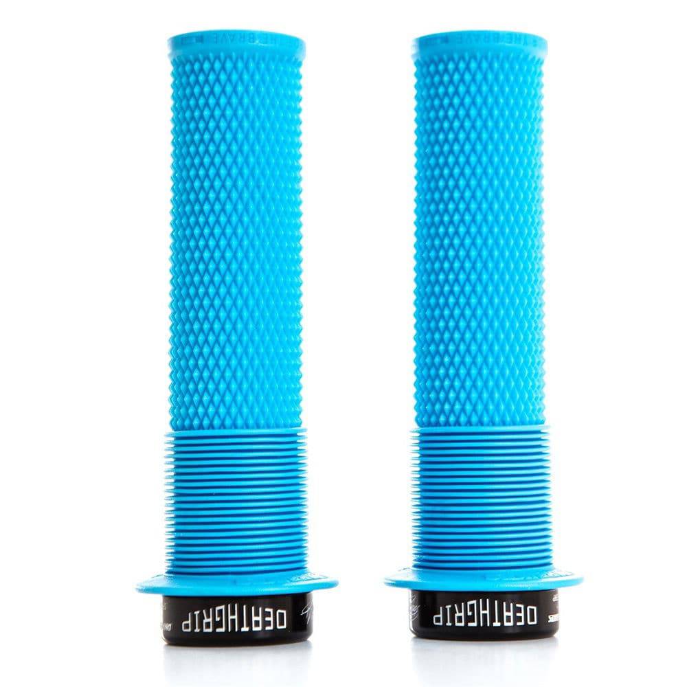 Blue DMR Brendog Deathgrip Flange mountain bike handlebar grips with slim design and textured surface for improved grip and control.