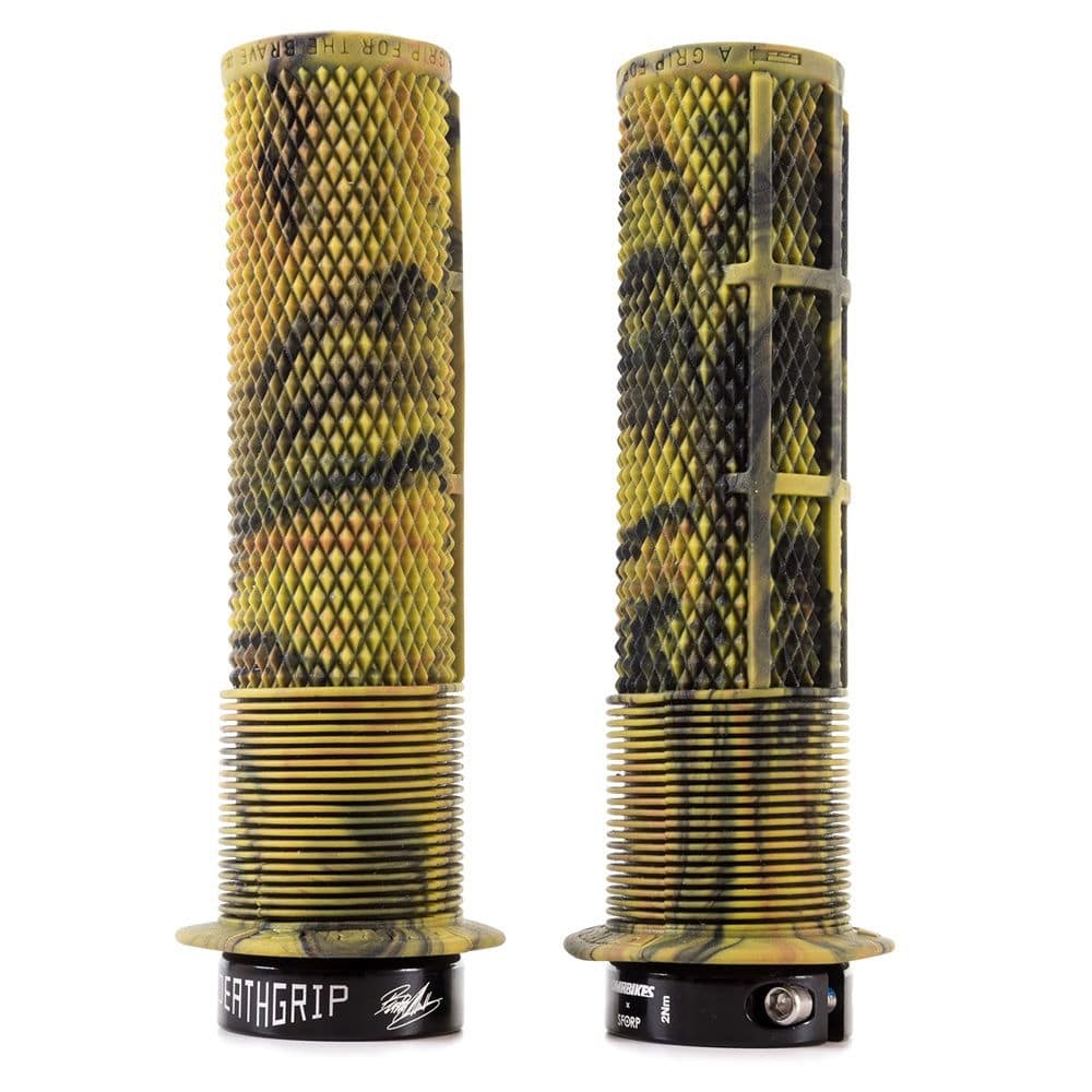 DMR Brendog Deathgrip flange mountain bike handlebar grips with camouflage pattern, featuring a slim, textured design for improved grip.