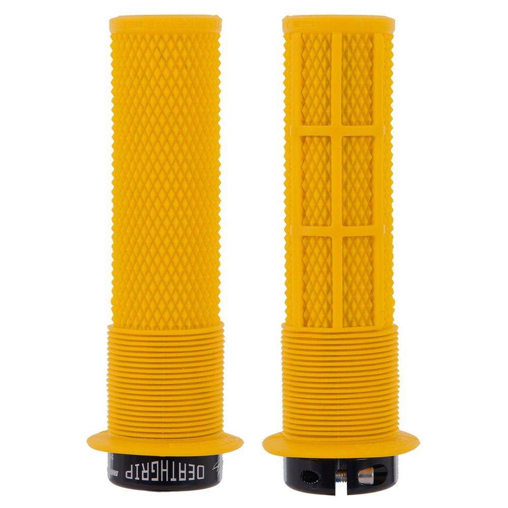Yellow DMR Brendog Deathgrip flange mountain bike handlebar grips with thin design and textured surface for enhanced grip.