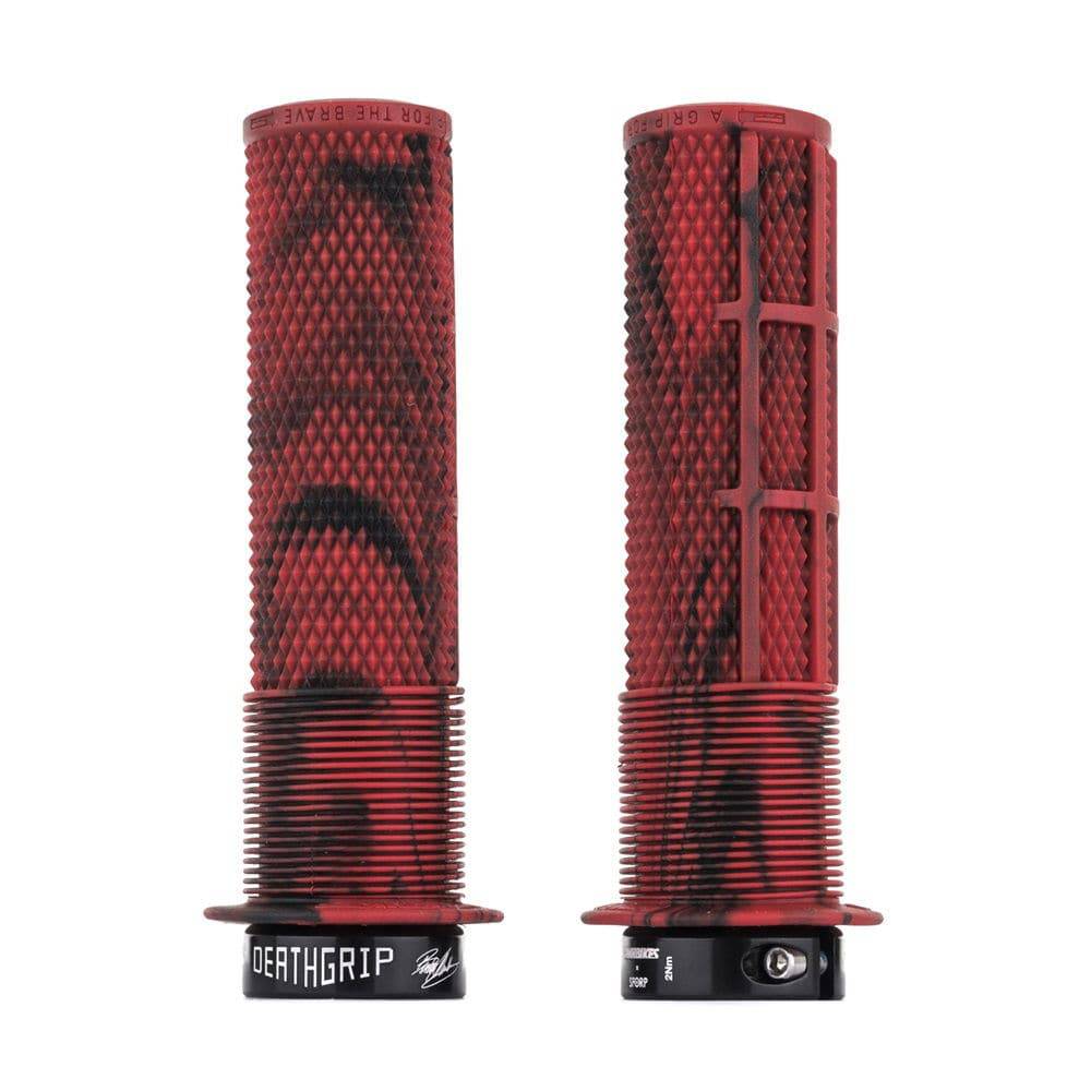 DMR Bikes Brendog Deathgrip flange mountain bike handlebar grips in marble red, featuring a slim design for enhanced grip and control.
