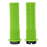 DMR Bikes Brendog Deathgrip flange grips for mountain bike handlebars, featuring a thin, vibrant green design with textured grip surface.