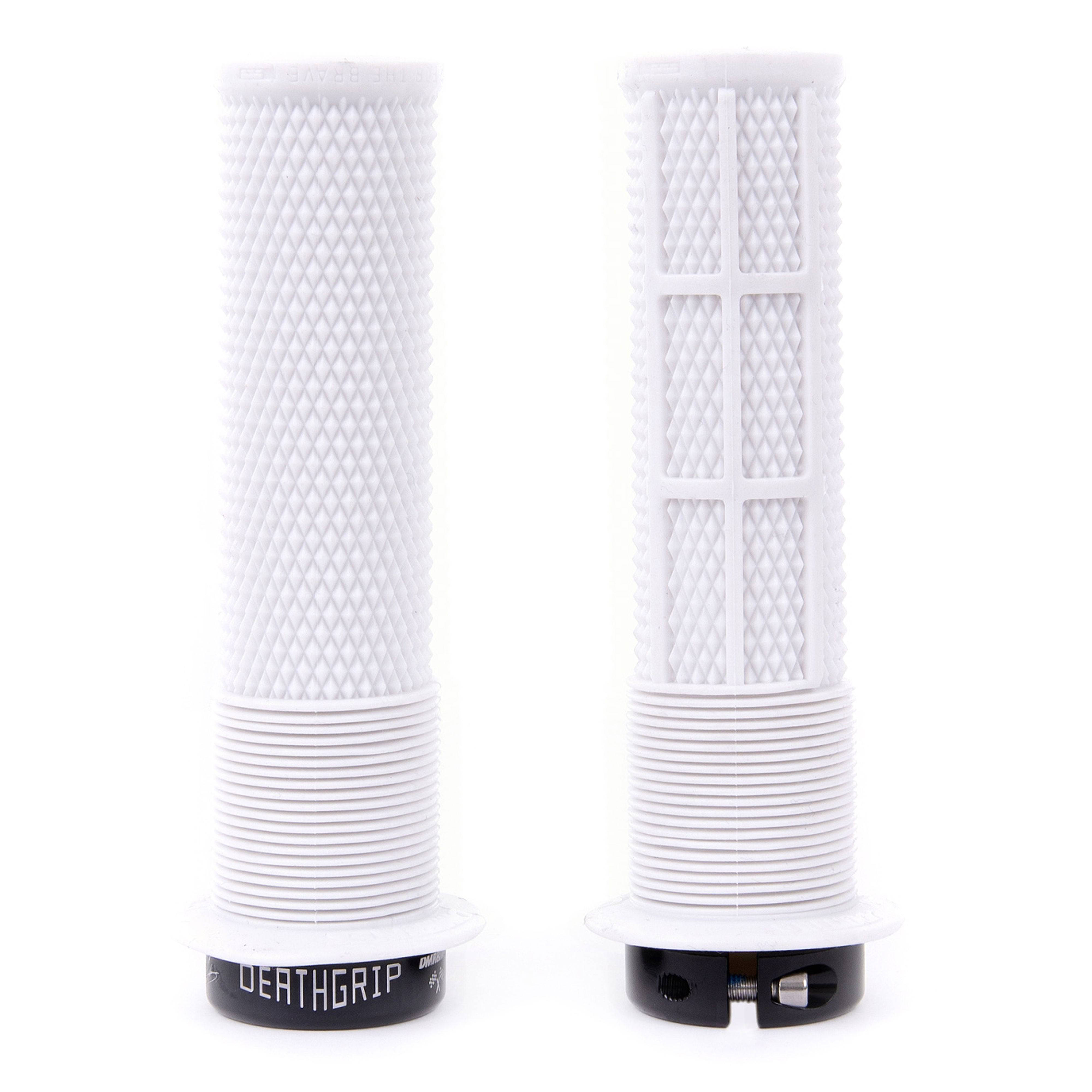 White DMR Brendog Deathgrip flange mountain bike handlebar grips with a thin design, featuring textured rubber for secure grip.
