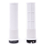 White DMR Brendog Deathgrip flange mountain bike handlebar grips with a thin design, featuring textured rubber for secure grip.