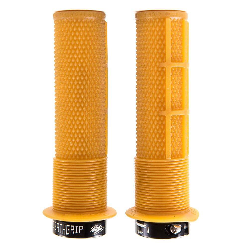 DMR Bikes Brendog Deathgrip flange mountain bike handlebar grips with thick, gum rubber for enhanced grip and control on components.