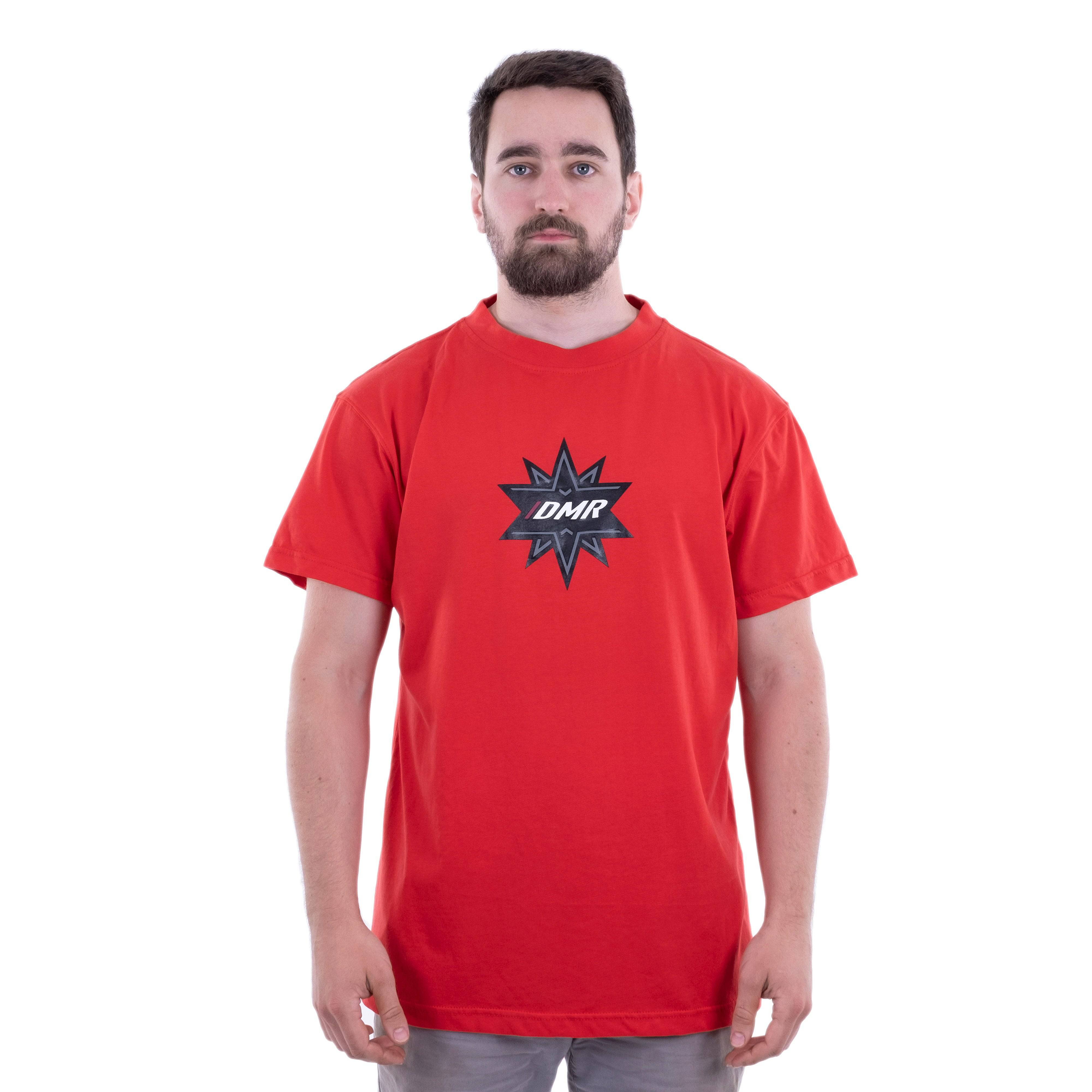 Red DMR Bikes Trailstar unisex trail riding T-shirt jersey with breathable, moisture-wicking fabric, shown on a plain background.