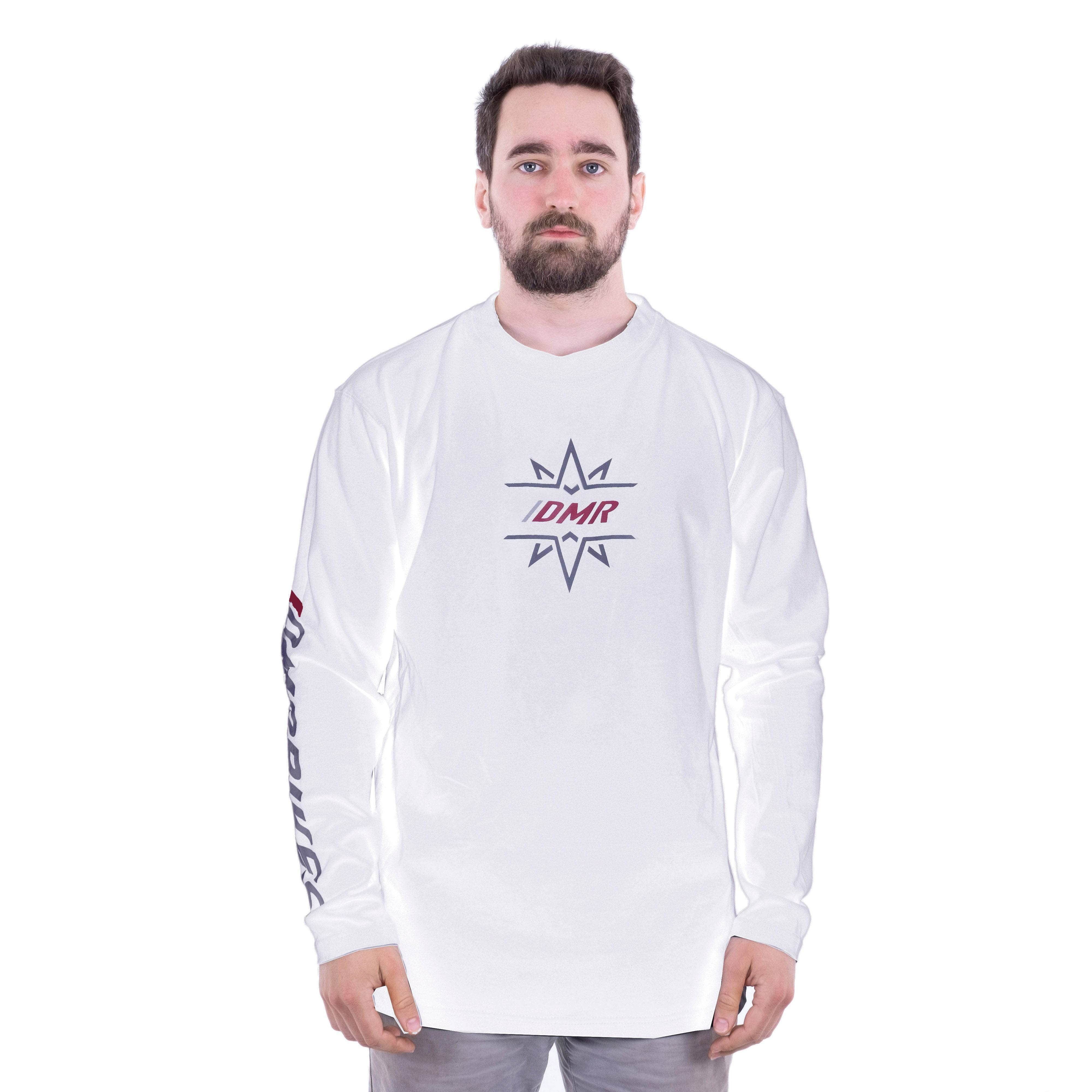 White DMR Bikes Trailstar long sleeve MTB cycling jersey, unisex MTB top with logo and breathable fabric, XS size.