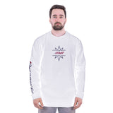 White DMR Bikes Trailstar long sleeve cycling jersey for men and women, designed for mountain biking and MTB riding.
