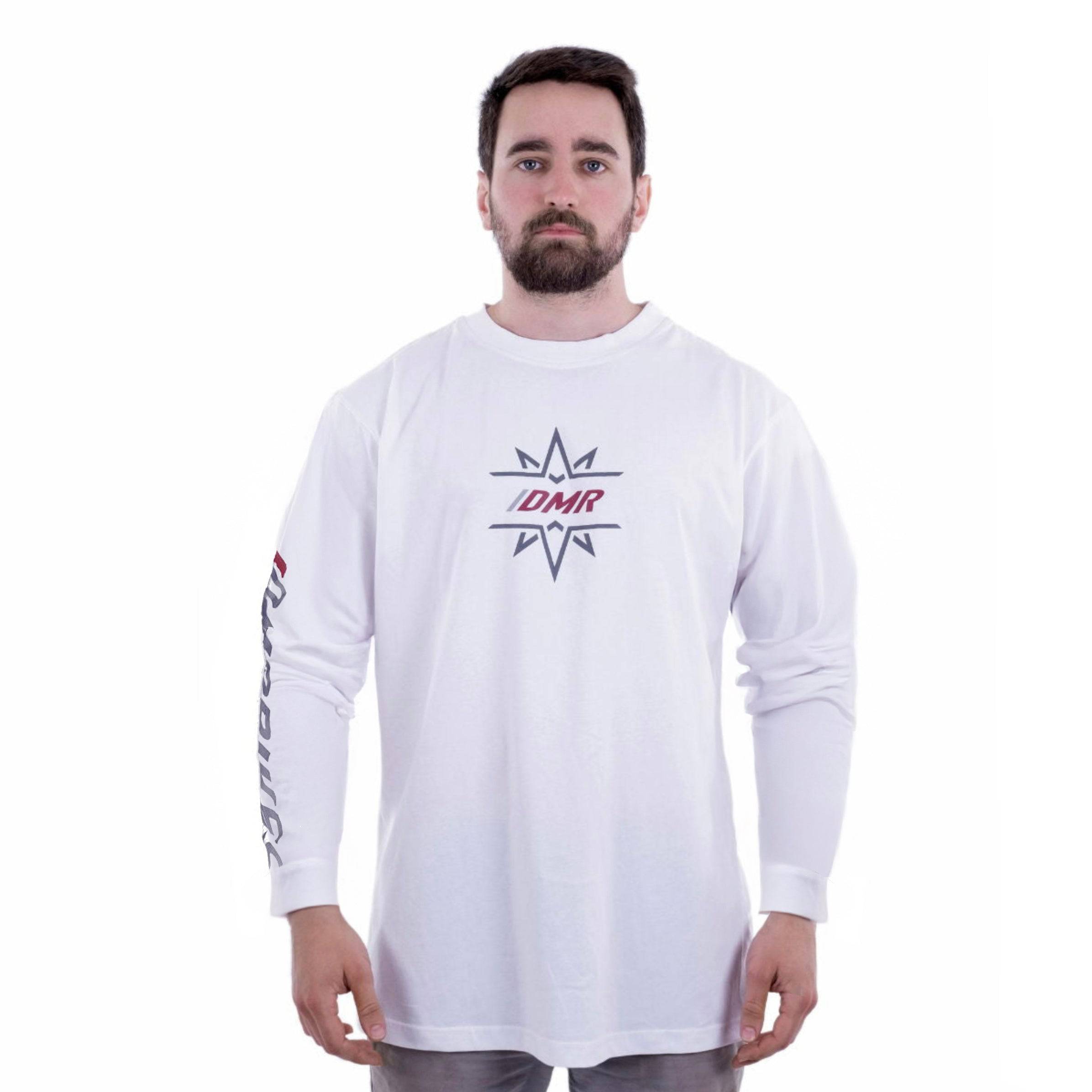 White DMR Bikes Trailstar long sleeve cycling jersey, unisex MTB top with breathable fabric and logo detail.