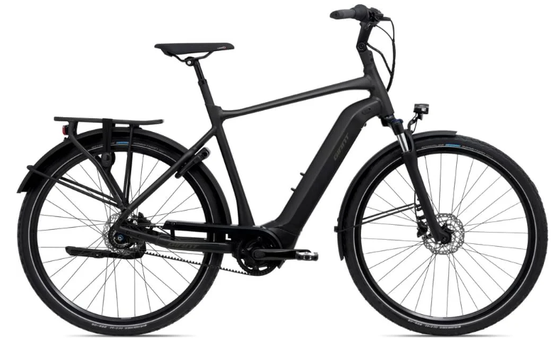 Giant DailyTour E+ 2 BD GTS 2022 electric hybrid bike with sleek frame, battery, and handlebars, set against a neutral background.