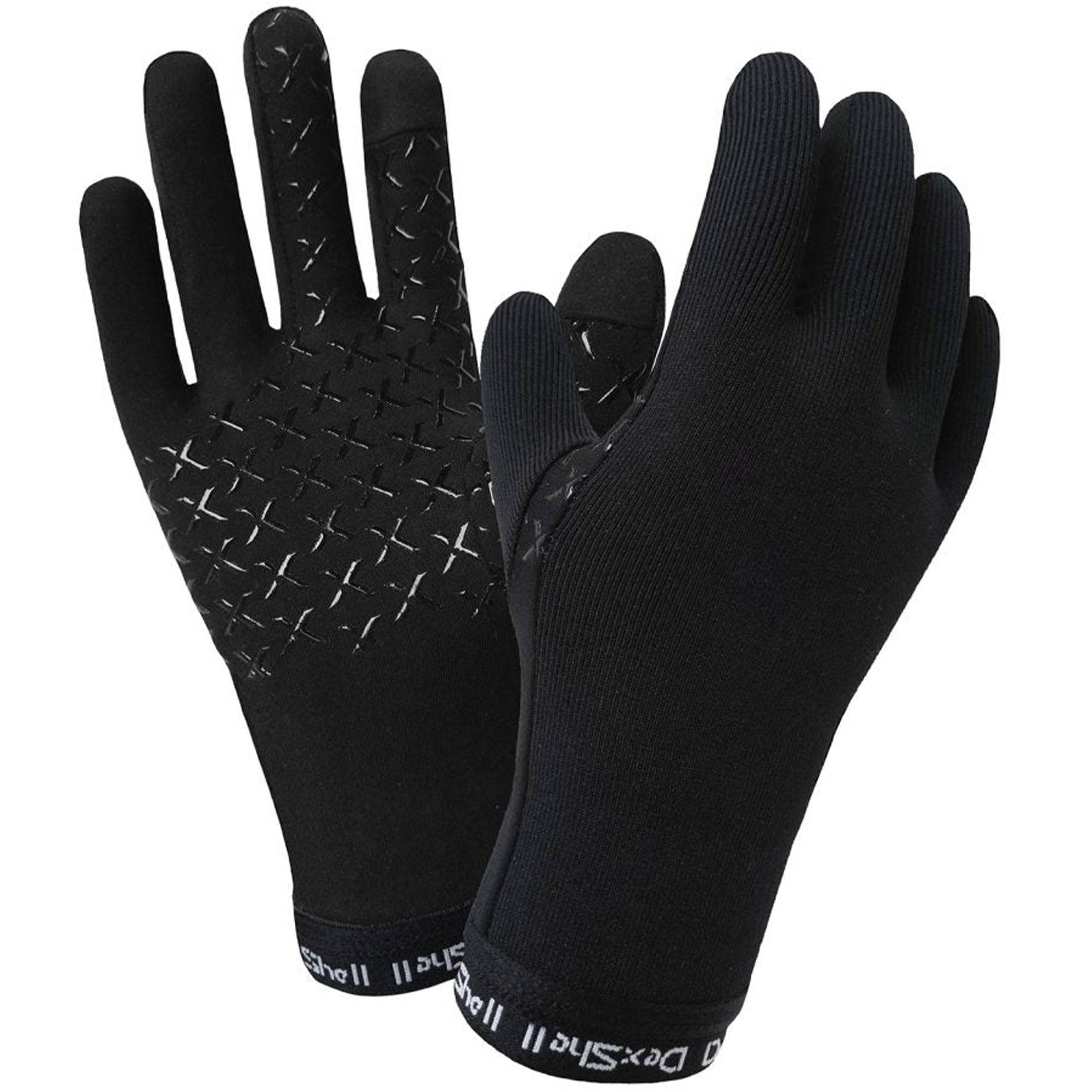 Black DexShell Drylite DEXFUZE waterproof touchscreen gloves for outdoor use, showing the gloves worn for warmth and touchscreen functionality.