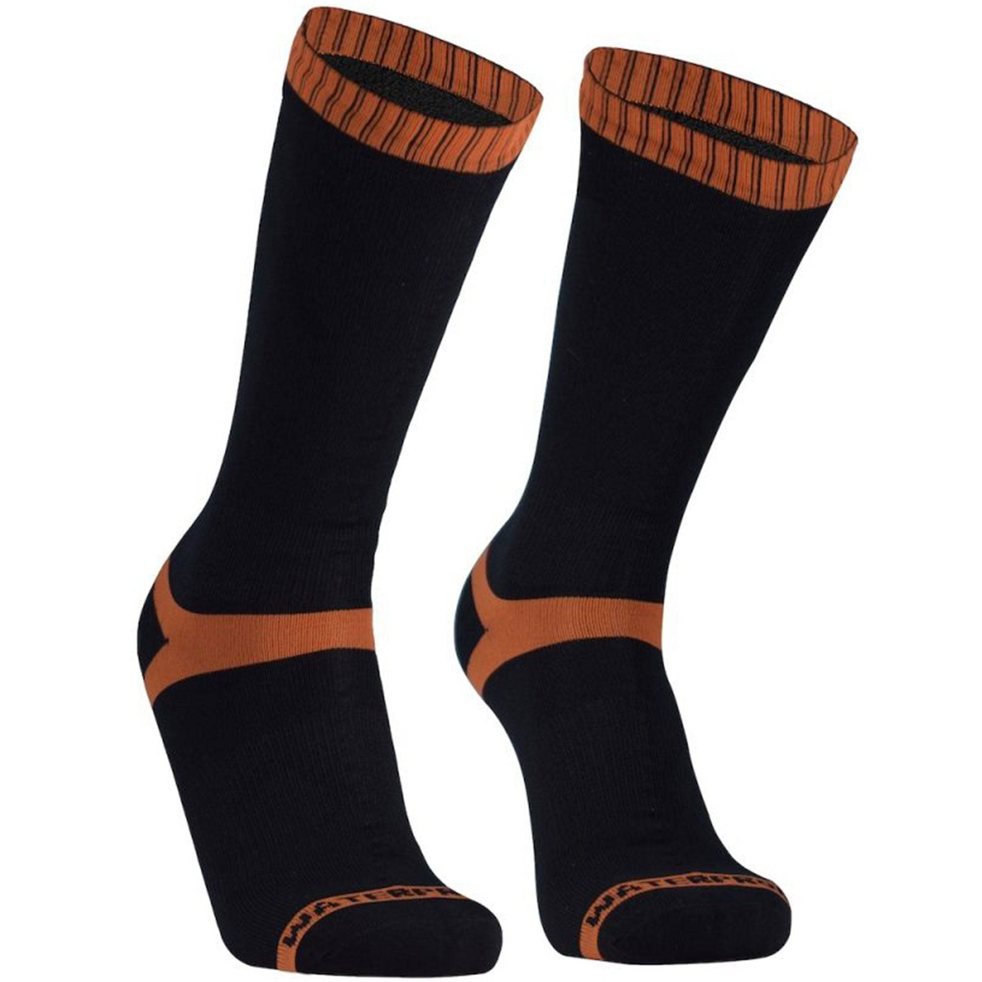 Black DexShell Hytherm Pro waterproof thermal socks with orange and black stripe, featuring Merino wool lining for warmth.