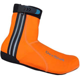 DexShell lightweight cycling overshoes in blaze orange with water-resistant fabric and reflective zippers for visibility and protection.