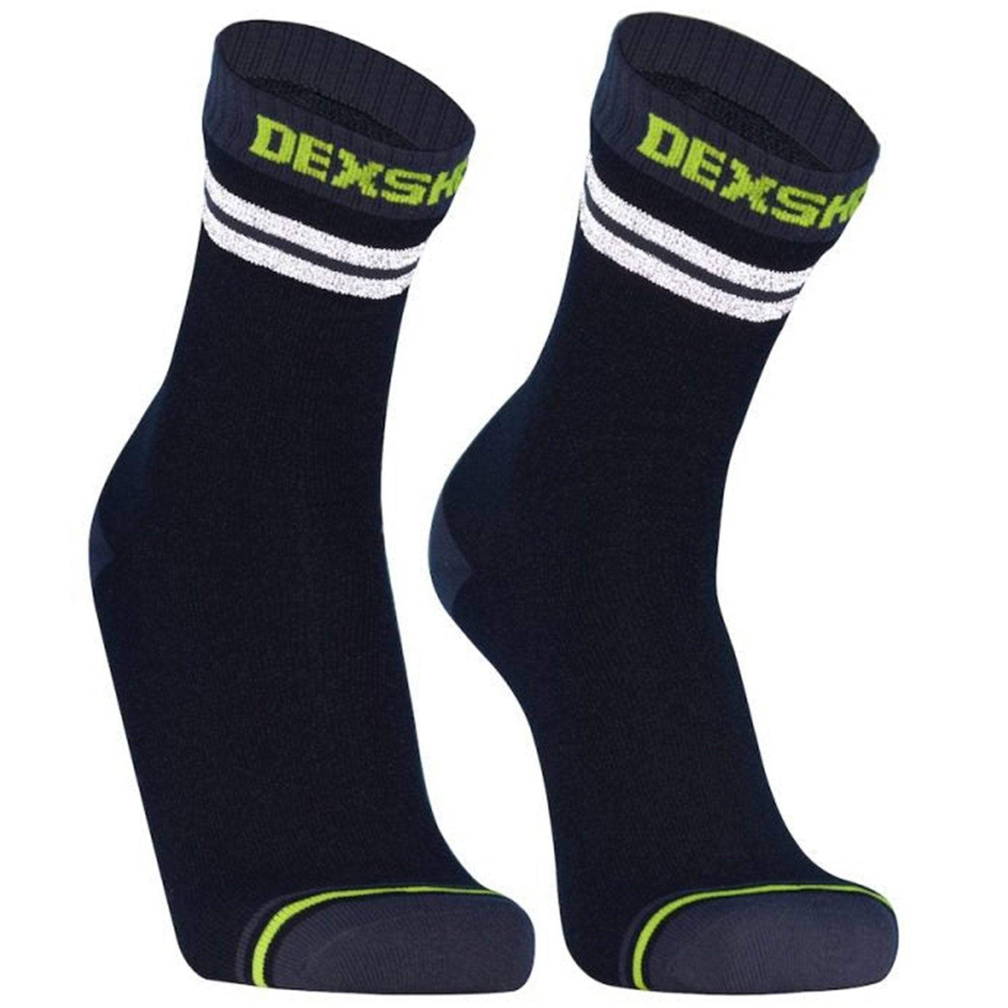 Black and grey DexShell Pro Visibility Socks for running and outdoor activities, featuring waterproof and reflective design.