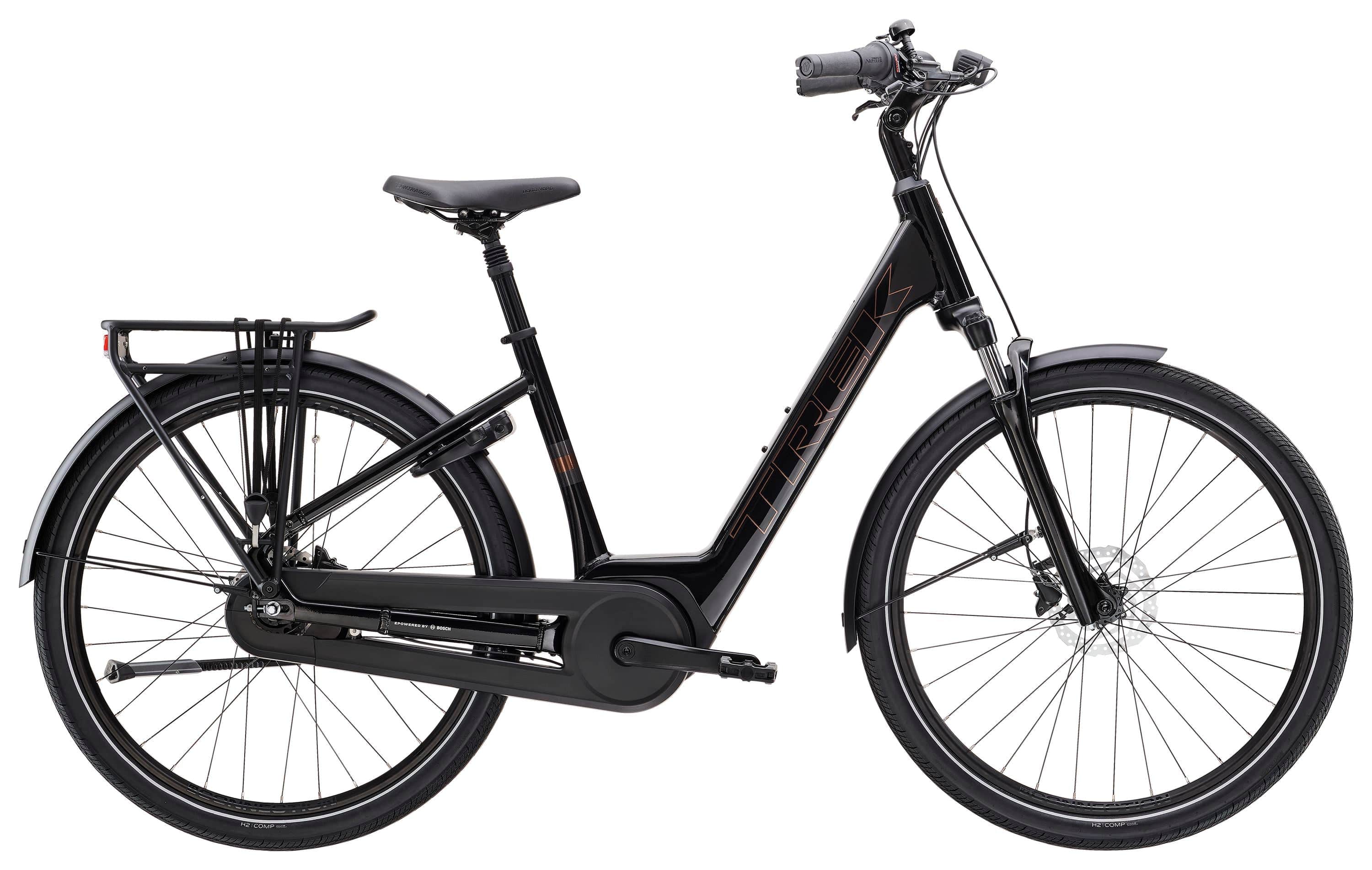 Trek District+ 2 Lowstep electric hybrid bike for urban commuting, with a sleek frame and integrated battery system.