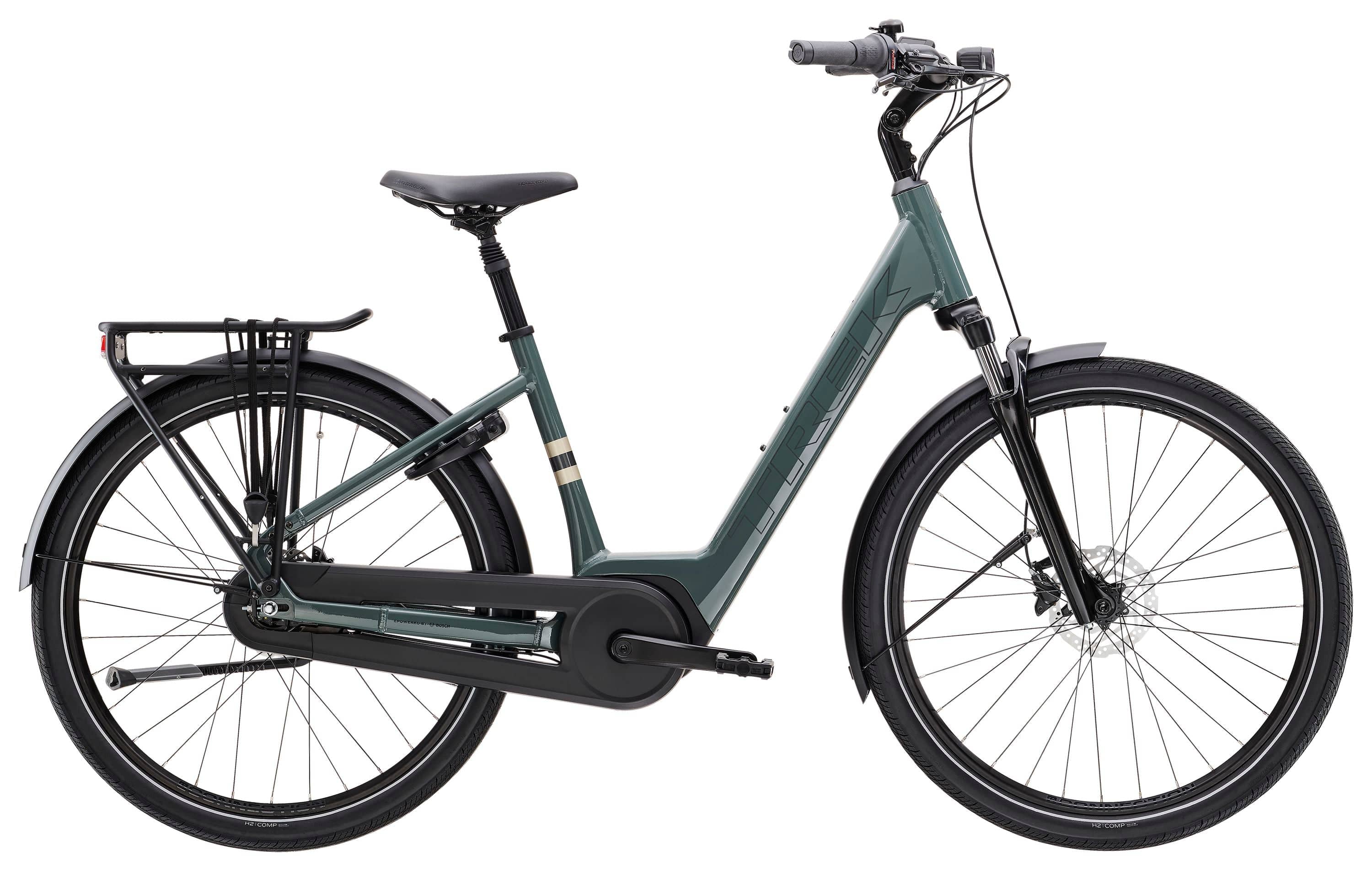 Trek District+ 2 Lowstep electric hybrid bike for urban commuting, featuring a sleek frame and integrated battery system.