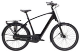 Trek District+ 2 unisex electric hybrid bike for urban commuting and suburban riding, shown in a city setting.