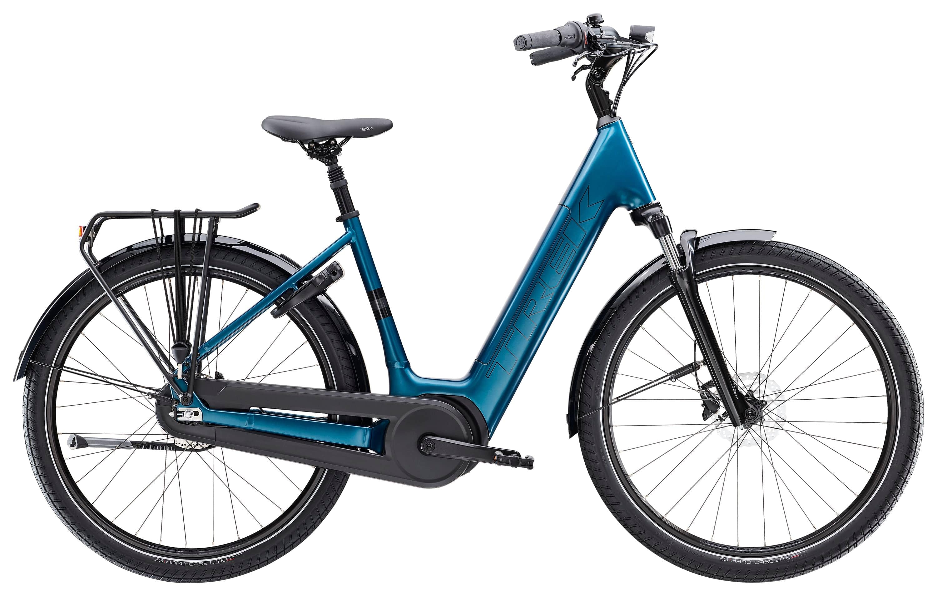 Trek District+ 3 lowstep e-hybrid bike for urban commuting and light trails, featuring a sleek frame and electric assist.
