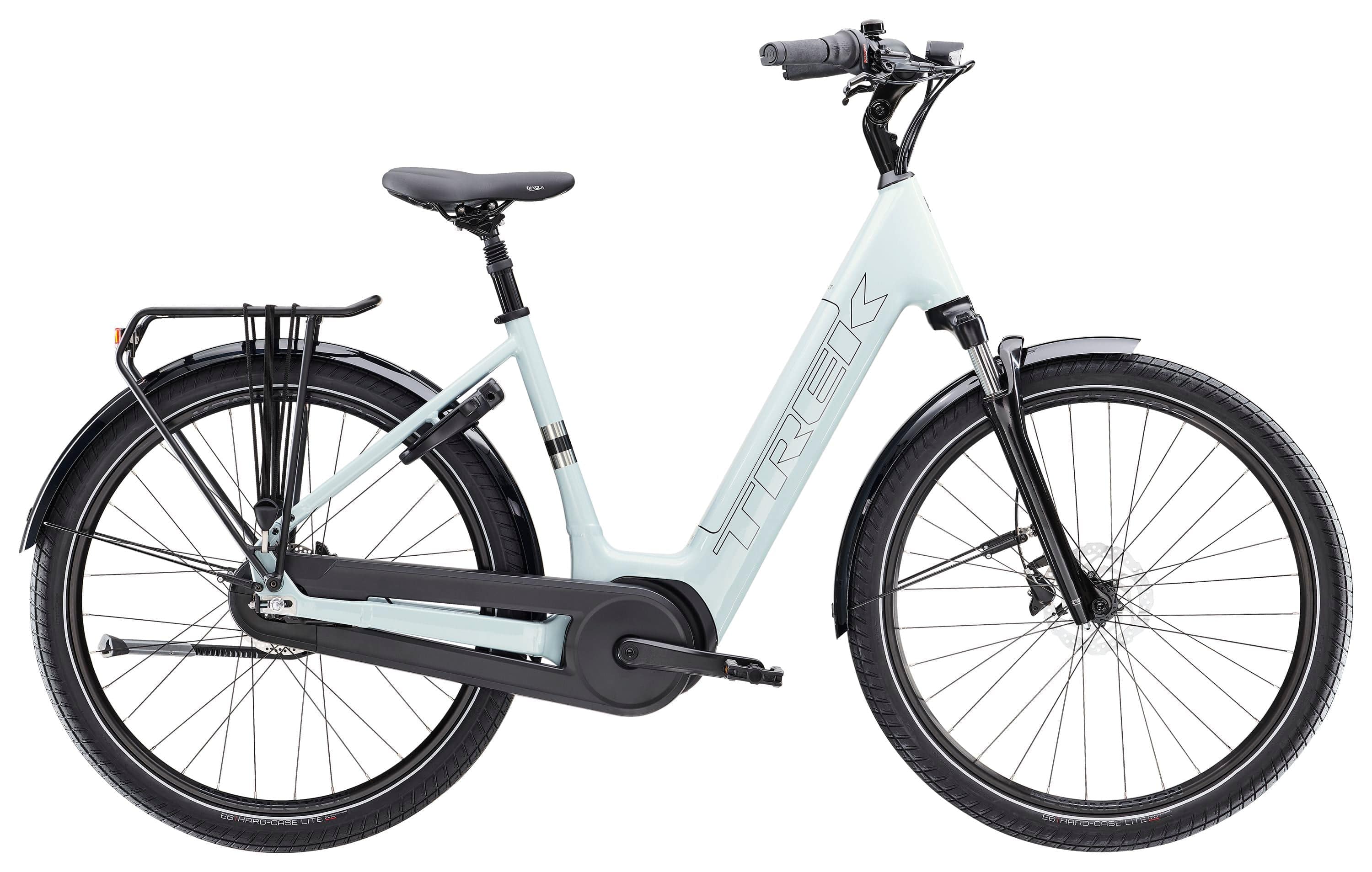 Trek District+ 3 Lowstep e-hybrid bike with step-through frame, suitable for urban commuting and light trail riding.